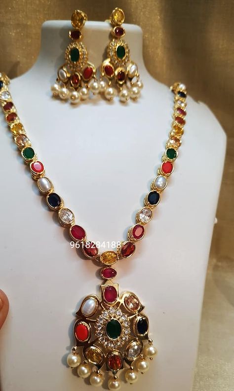 Beautiful one gram gold necklace studded with navaratan stones. Navaratna Pendent Gold, Navratan Necklace Gold, Navrathan Necklace Gold, Navarathna Necklace Gold, Navratna Necklace Gold, Navratna Bangles, Navarathna Necklace, Navaratan Jewellery, Navratan Jewellery