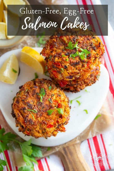 These one-bowl Gluten Free Salmon Cakes are baked instead of fried, leaving every bite tasting light and fresh. Made with simple ingredients, this party snack or appetizer is packed with zesty, spicy, and tangy flavors! No Egg Salmon Patties, Egg Free Salmon Patties, Gluten Free Salmon Cakes, Eggless Salmon Patties, Salmon Cakes With Fresh Salmon, Gluten Free Salmon Patties, Gluten Free Egg Free Recipes, Healthy Salmon Cakes, Fish Patties