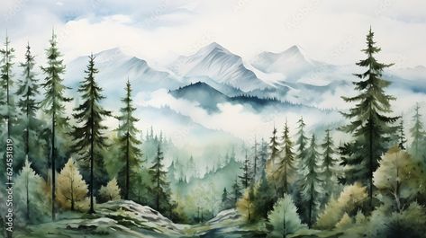 mountain landscape with pine trees in watercolor style Stock Illustration | Adobe Stock Mountain Wall Painting, Gouache Paint, Watercolor Mountains, Colored Pencil Drawing, Color Pencil Drawing, Pine Trees, Styled Stock, Mountain Landscape, Pine Tree