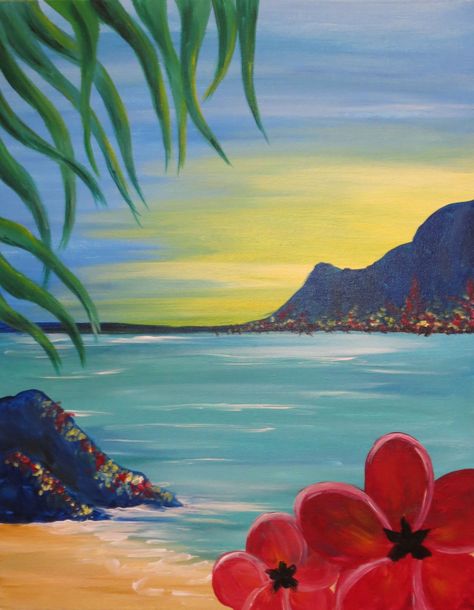 Hawaii Painting, Canvas Inspiration, Hawaiian Art, Painting Party, Paint Night, Easy Canvas Painting, Canvas Painting Diy, Ocean Sunset, Nature Art Painting