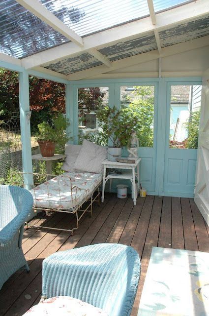 Like how they covered the deck... NEVER would have thought to use greenhouse panelling for the roof... Sleeping Porch, Patio Pergola, Decks And Porches, Back Patio, Porch Patio, Backyard Oasis, Outdoor Rooms, Beach House Decor, Garden Room