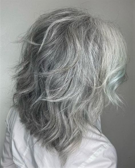 Medium Gray Shag with Money Piece Grey Hair And Glasses, Grey Hair With Bangs, Gray Hair Styles, Grey Hair Over 50, Grey Hair Inspiration, Salt And Pepper Hair, Beautiful Gray Hair, Hair Adviser, Gray Hair Cuts