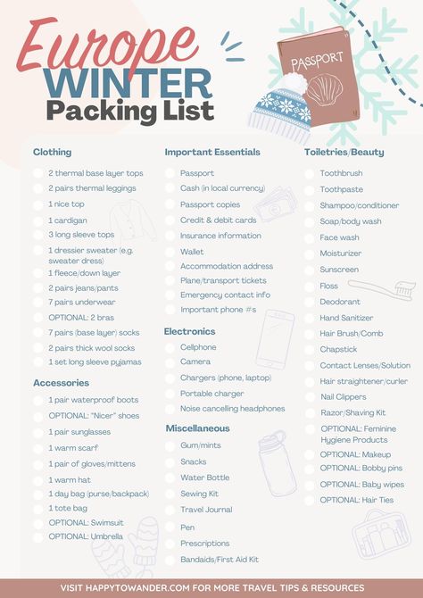 Here's the ONLY Packing List You Need for Winter in Europe Paris In December Packing List, Winter Style Europe, 7 Day Trip Packing List Winter, 1 Month Packing List Winter, 4 Day Packing List Winter, Packing List For 2 Weeks In Europe, Europe Vacation Packing List, Winter In Europe Packing List, One Month Packing List Europe Winter