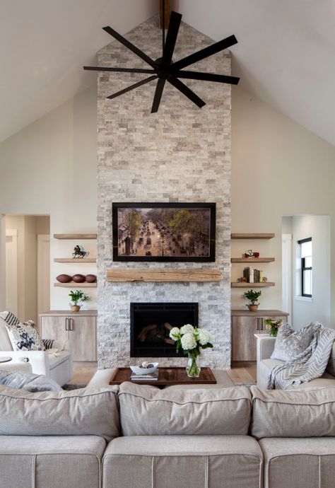 Tv Above Fireplace, Tv Over Fireplace, Tall Fireplace, Vaulted Ceiling Living Room, High Ceiling Living Room, Retirement House, Linear Fireplace, Living Tv, Fireplace Tv Wall