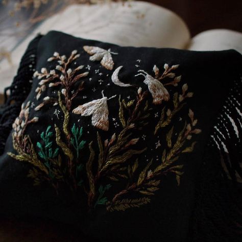 catonicly: unfetteredwood: sosuperawesome: ... | Dark Academia Embroidery, Crochet Witchy Stuff, Diy Embroidered Pillow, Nighttime Garden, Witchy Embroidery, Witch Embroidery, Embroidery Aesthetic, Dark Embroidery, Embroidery Pins