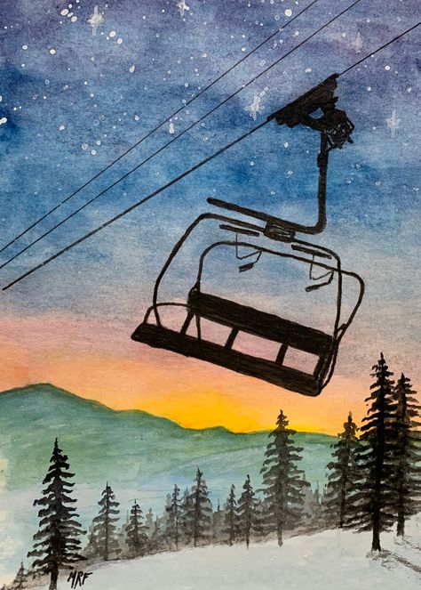 "\"Last Run\" original watercolor print - Chairlift silhouetted as dusk falls. Lift has stopped running as your last turns on the mountain.  Original watercolor painting inspired by skiing the East. Great for your outdoorsy themed room or ski vacation home." Colorado Watercolor, Skiing Art, Winter Drawings, Ski Art, Desk Art, Art Watercolor Painting, Perspective Art, Holiday Painting, Sunset Wall