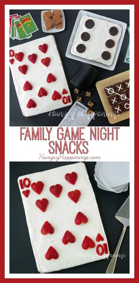 Family Game Night Snacks - Fruit Pizza Playing Card & Brownie Dice Dessert For Game Night, Snacks For Card Playing Night, Game Night Treats, Card Game Food Ideas, Card Party Food Ideas, Dice Dessert, Desserts For Game Night, Casino Night Food Ideas, Game Night Birthday Cake