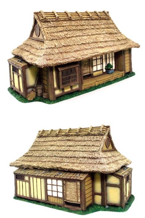 Scale model of a traditional Japanese cottage/house. Medieval Japanese House, Japanese Cottage House, Japanese Pathways, Japanese Hut, Japanese House Art, Japanese House Design Traditional, Japanese Traditional House, Japanese Cottage, Japanese Traditional Architecture