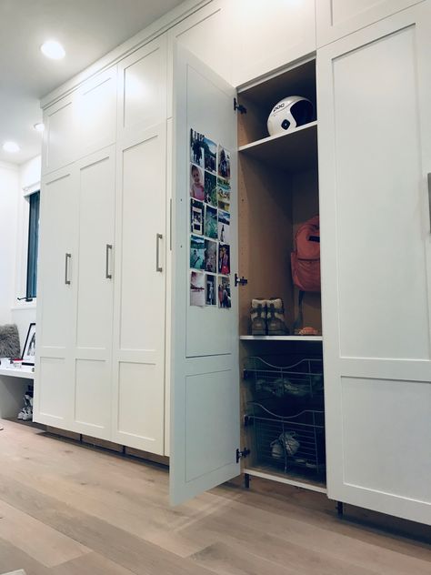 Mudroom Lockers Floor To Ceiling Mudroom Lockers, Farmhouse Mudroom Lockers, Locker Room Mudroom, Garage Mudroom Lockers, Lockers In Laundry Room, Garage Locker Ideas, Mudroom Lockers With Doors, Backpack Closet, Entryway Lockers