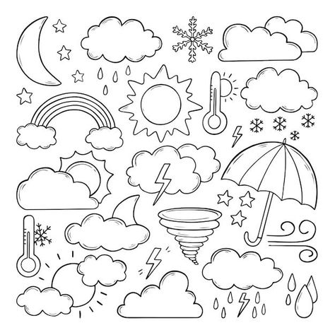 Vector set of hand drawn weather doodles... | Premium Vector #Freepik #vector #meteorology #weather #weather-forecast #sun-cloud Rain Doodle, Weather Doodles, Travel Doodle, Weather For Kids, Kawaii Weather, April Preschool, Weather Weather, Weather Books, Travel Doodles