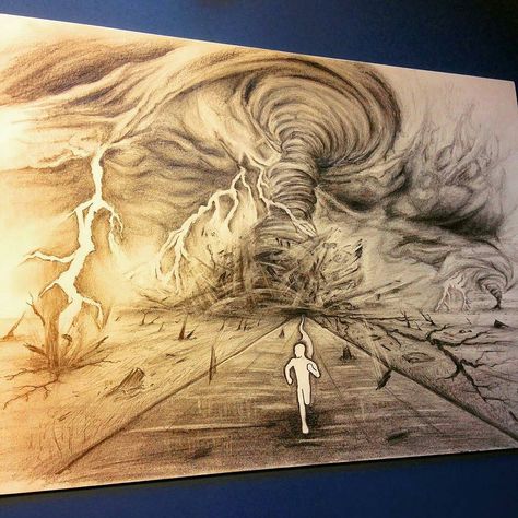 Cool #pencil #illustration by @art.k.town of a runner trying to outrun a massive #storm. That storm looks like a nightmarish blend of a #hurricane and a #tornado! Really great work #drawing the #winds and #clouds and #lightning... but I hope that little guy makes it out of that mess! Nice #artwork.  #NatureAirship Storm Clouds Illustration, Clouds Drawing Aesthetic, Tornado Drawing, Storm Sketch, Storm Drawing, Tornado Tattoo, Paint Dragon, Lightning Drawing, Storm Tattoo