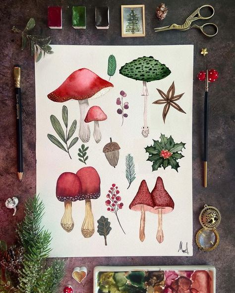 Christmas Mushrooms, Painting Mushrooms, Art Mushrooms, Christmas Mushroom, Cards Drawing, Christmas Cards Drawing, Mushroom Painting, Arches Watercolor, Fungi Art