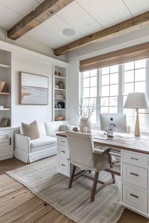 15 Feminine Home Office Ideas That Will Make You Want to Work All Day Study Room Farmhouse, Home Office No Built Ins, Office Ideas Farmhouse Style, Home Office Design Inspiration, Bedroom Desks, Coastal Home Office, Feminine Home Office Ideas, Feminine Home Office, Neutral Office