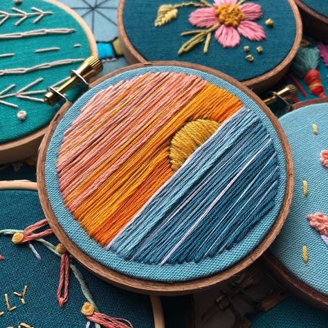 Sunset Embroidery Easy, Sunset Embroidery Pattern, Embroidered Sunset, Embroidery Diary, Sunrise Embroidery, Newcastle Shirt, Starter Embroidery, Sunset Embroidery, Ocean Embroidery