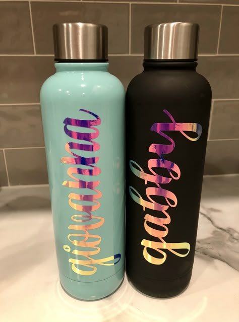 Holographic cricut vinyl water bottles #cricut #cricutprojects #cricutmade Water Bottle Decal Ideas, Vinyl Bottle Ideas, Custom Water Bottles Ideas, Cricut Holographic Vinyl Ideas, Cricut Bottle Ideas, Vinyl Water Bottle Ideas, Cricut Water Bottle Vinyl Decals, Holographic Cricut, Water Bottle Design Ideas