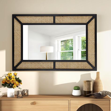 PRICES MAY VARY. Rattan Wall Mirror: This is a nature themed decorative wall mirror, the material and color of the ratton mirror is unique boho style, very suitable for living room, foyer, walkway, bathroom, bedroom in rustic, farmhouse or modern decor. Exquisite Wood Frame:Our mirror's rattan is uniquely woven to make it strong and beautiful, the frame is made of solid wood, you can even see its natural grain, we beautifully handcraft the frame to make it smooth and fade-resistant, giving a tra Rectangular Mirror Living Room, Rectangle Mirror Wall Decor Living Room, Rectangle Mirror Wall Decor, Rattan Mirror Wall Decor, Boho Wall Mirror, Large Rectangle Mirror, Wall Mirror Decor Living Room, Rattan Wall Mirror, Douglas House