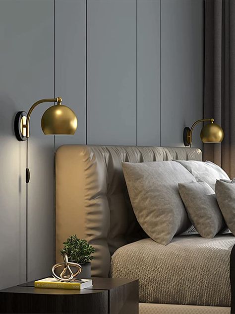 Wall Bedroom Lighting, Bedroom Lights On Wall, Home Wall Lights, Plug In Bedside Lights, Beside Wall Lights, Bedroom Side Wall Lights, Plug In Wall Lamp Bedroom, Gold Plug In Wall Light, Sconces Bedroom Plug In