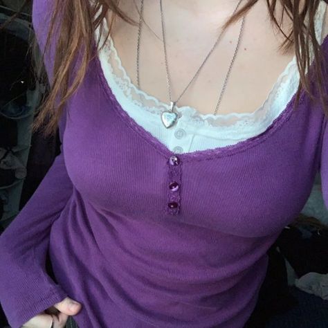 purple lace henley shirt Dark Purple Tops For Women, Purple Henley Top, Henley Top Outfit Y2k, Purple Mystery Aesthetic, Clothes Purple Aesthetic, Cami Shirt Outfits, Cute Purple Shirts, Purple Y2k Shirt, Henley Top Outfit Aesthetic