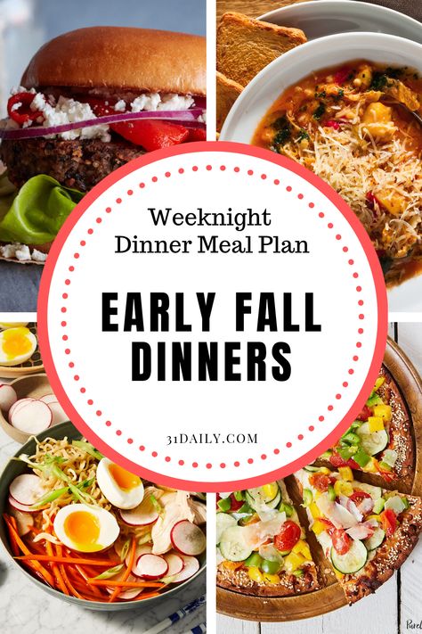 This week is about getting back to a routine and these early fall dinners are just the ticket. From black bean burgers to ramen, soup, salmon and pizza!  What to Cook (Sept 9-13): Early Fall Dinners | 31Daily.com #mealplan #weeknightdinners #dinners #fall #burgers #pizza #31Daily #chocolatechipcookies Fall Burgers, Early Fall Dinner, Thanksgiving Healthy, Health Lunch, Fall Dinners, Meal Planning Menus, Healthy Thanksgiving Recipes, Dinner Thanksgiving, Bean Burgers