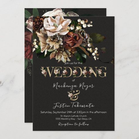 Dark Moody Wedding, Moody Wedding Invitations, Magnolia Bouquet, Fancy Ball, Floral Font, Wedding Invitation Size, Rehearsal Dinner Invitation, Dark Wedding, Moody Wedding