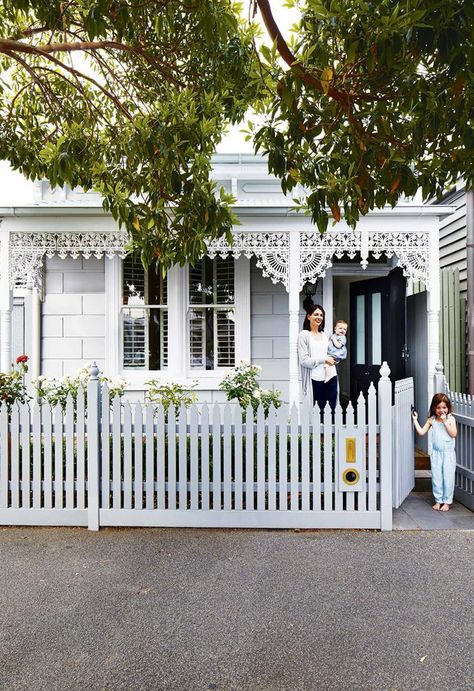 Weatherboard House, Glass Extension, Fence Styles, Cottage Renovation, Cottage Exterior, White Picket Fence, Victorian Cottage, Exterior Makeover, Modern Cottage