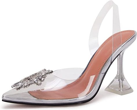 Amazon.com | VARECOLA Women Crystal Satin Pointed Toe Pumps Shoes Triangle High Heeled Slingback Sandals | Heeled Sandals Womens Low Heels, Low Heel Pumps, Perfect Figure, Designer Pumps, Slingback Pump, Slingback Sandal, High Heel Pumps, Womens High Heels, Beautiful Shoes