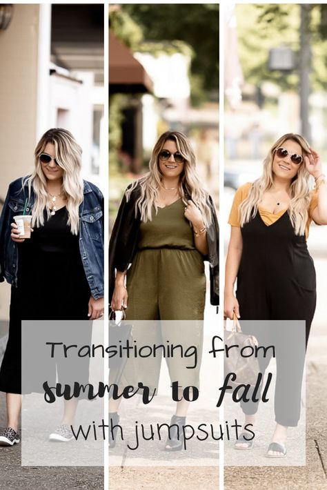 Transitioning from summer to fall with jumpsuits How To Style A Romper In The Winter, Styling Jumpsuits For Fall, Fall Jumpsuits For Women, How To Style A Romper Jumpsuits, Women’s Jumpsuit Outfits, Fall Romper Outfit Jumpsuits, Wide Leg Jumpsuits For Fall, Sweater Over Jumpsuit Outfit, Jumper Outfit Fall