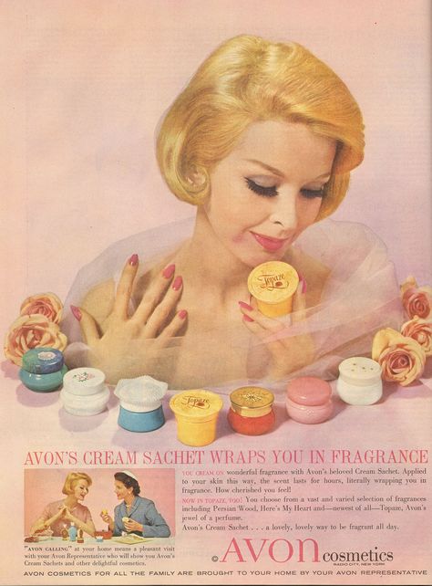 Avon Cream Sachet Skin care Fragrances 1960 Stare Reklamy, Vintage Makeup Ads, Makeup Ads, Avon Cosmetics, Jill Scott, Avon Collectibles, Avon Vintage, Retro Beauty, Beauty Ad