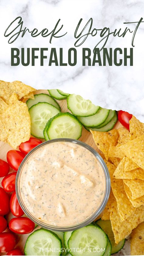 Spicy, tangy and creamy, this Buffalo ranch dip or dressing is perfect for drizzling on salads or using for dipping veggies, wings and more. Ready in minutes, it is made with a Greek yogurt base for a healthier twist. Buffalo Veggie Dip, Homemade Veggie Dip Greek Yogurt, Chip Dip With Greek Yogurt, Healthy Veggie Dip Greek Yogurt, Ranch Made With Greek Yogurt, Buffalo Salad Dressing, Healthy Salad Dips, Easy Greek Yogurt Dip, Greek Yogurt Dip For Chicken