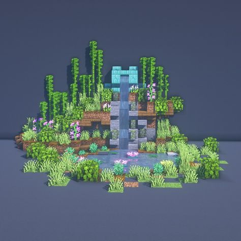 Minecraft Water Feature Ideas, Minecraft Pond Fountain, Frog Exhibit Minecraft, Waterfall Pond Minecraft, Cherry Blossom Fishing Dock Minecraft, Koi Fish Pond Minecraft, Minecraft Cottagecore Pond, Minecraft Dock Design Cottagecore, Axolotl Tank Ideas Minecraft In Wall