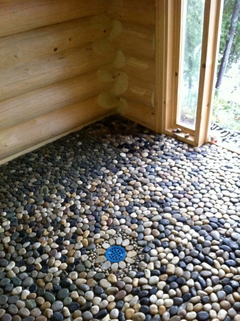 Sauna Floor Sauna Flooring Ideas, Log Sauna, Sauna Floor, Wood Fired Sauna, Wood Fire Sauna Diy, Off Grid Sauna Wood Burning, Basswood Sauna, Sauna House, Pebble Floor