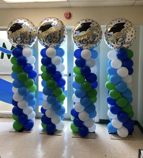 Blue And Green Graduation Party, School Balloons, Green Graduation Party, Pastor Appreciation Day, Grad 2023, Blue Graduation Party, Trunk Party, Balloon Tower, Pastor Appreciation