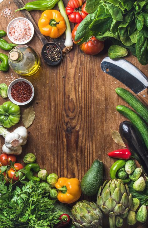 #Fresh raw vegetable ingredients  Fresh raw vegetable ingredients for healthy cooking or salad making on wooden background copy space in center top view vertical composition. Diet or vegetarian food concept Vertical Composition, Salad Making, Food Photography Background, Vegetables Photography, Groomsmen Photos, Food Menu Design, Food Backgrounds, Food Wallpaper, Food Poster Design