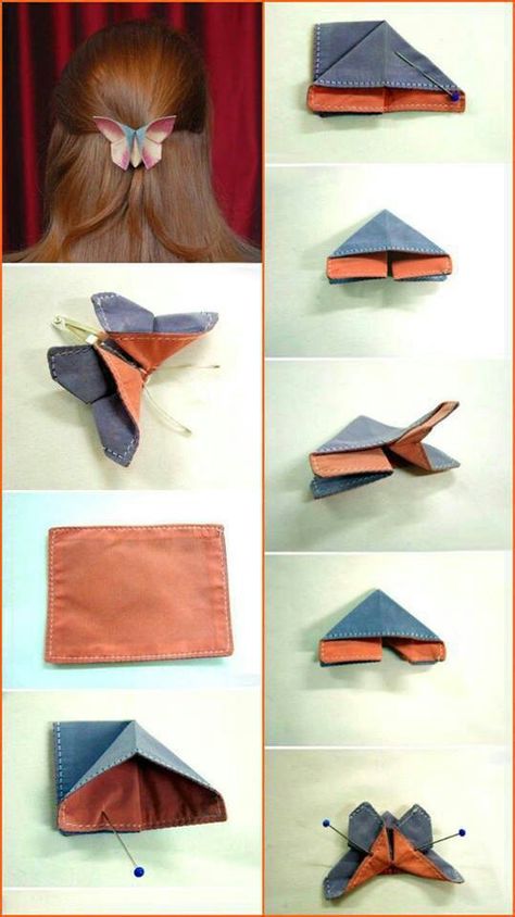 Butterfly Origami Butterfly Instructions, Diy Flower Projects, Origami Butterfly Easy, Pochette Diy, Zipper Jewelry, Origami Fashion, Fabric Origami, Folded Fabric Ornaments, Origami Butterfly