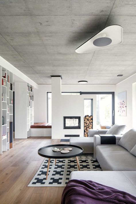 House-of-Dorothy-Prague-boq-architekti-9 - Design Milk Concrete Interior Design, Family Friendly Living Room, Concrete Interiors, Concrete Ceiling, Concrete Home, Open Space Living, Concrete Wood, Prague Czech Republic, Prague Czech