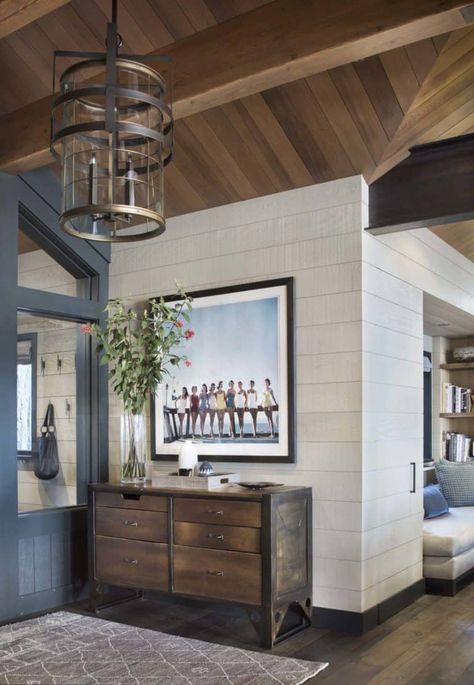 Rustic lake house retreat inspired by gorgeous Lake Tahoe surroundings Traditional Library, Ceiling Color, Architectural Detailing, Wood Plank Ceiling, Rustic Lake Houses, Lake House Interior, Wood Ceiling, Lake Cottage, Lake Cabins