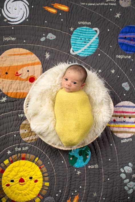 It doesn't get more adorable than this solar system themed newborn session! See more of this adorable face, photographed by Crystal Lee Photography, over on the blog!  NEWBORN PHOTOGRPAHY | Solar System Themed Nursery, Colorful Newborn Photos Girl Themed Nursery, Nursery Colorful, Room Girl, Space Explorer, Space Themed Nursery, Baby Kicking, Space Baby, Space Nursery, Baby Sleep Problems