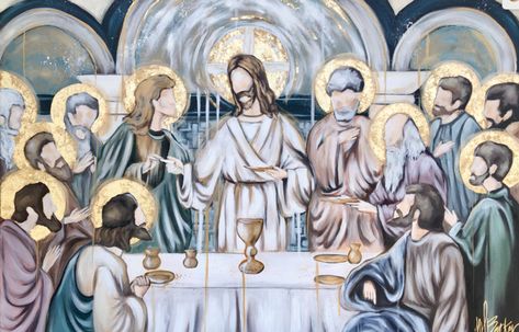 Last Supper Painting Modern, Faceless Painting, Last Supper Painting, Last Supper Art, Secret Supper, The Last Supper Painting, Lord's Supper, Catholic Home Decor, Catholic Home