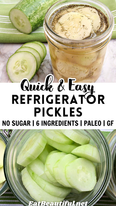 Easy Refrigerator Pickles are awesomely delicious! -- great to serve as a side to any meal. Use as a condiment, garnish, on sandwiches, in salads, to nibble on and more. | pickled | cucumbers | paleo | gluten free | no sugar | garden | summer | recipe Diy Cucumber Pickles, Pickles Homemade Easy Refrigerator Spicy, Pickles Without Vinegar, How To Make Pickled Cucumbers, Diy Pickles Easy, Fridge Pickles Easy, How To Make Pickles From Cucumbers, Homemade Pickles Easy, Easy Pickled Cucumbers