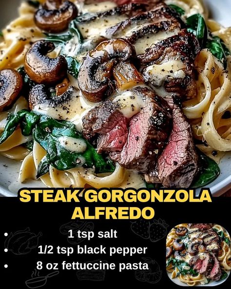 Steak Gorgonzola Alfredo Steak Mushroom Pasta Recipes, Creamy Steak And Gnocchi, Gorgonzola Steak Pasta, Savory Steak Gorgonzola Alfredo, Pasta Dishes With Steak, Steak Mushroom Pasta, Savory Steak Gorgonzola Alfredo With Creamy Parmesan Sauce, Steak And Alfredo Pasta, Steak Fettuccine Alfredo