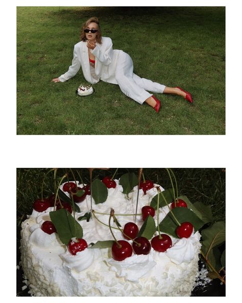 hello 27🎂🍒 Messy Cake Photoshoot, Birthday Photoshoot Ideas Outside, Cake Editorial, Glossier Campaign, Cake Photo Shoot, Birthday 27, Cake Photoshoot, Visual Strategy, Ugc Content