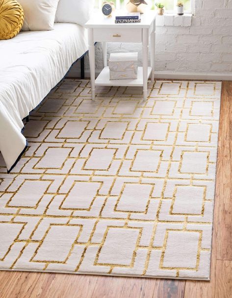 Gold And White Rug, Hollywood Regency Rug, Gold Rug Living Room, White And Gold Rug, Glam Rugs, Singapore Condo, Airbnb Interior, Art Deco Carpet, Flooring Designs