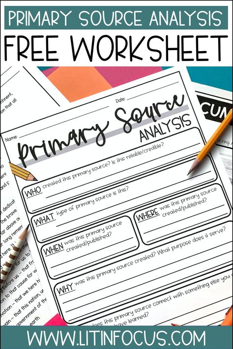 Free printable and digital primary source analysis worksheet! Use this worksheet to guide upper elementary and middle school students through the primary source analysis process. This freebie template can be used with US history and world history primary source lesson plans. You can use the printable PDF or assign the worksheet in your Google classroom. #forteachers #socialstudies #forkids Primary Sources Activities, Interactive Notebooks Social Studies, 7th Grade Social Studies, World History Classroom, Primary And Secondary Sources, Middle School History, 6th Grade Social Studies, World History Lessons, 5th Grade Social Studies