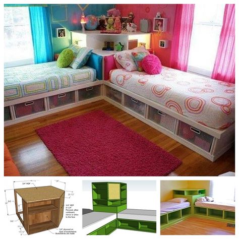 Space Saving Twin Bed Corner Unit - Guide and Tutorial King Size Storage Bed, Diy Storage Bed, Kids Beds With Storage, Diy Space Saving, Murphy Bed Ikea, Small Kids Room, Space Saving Beds, Murphy Bed Plans