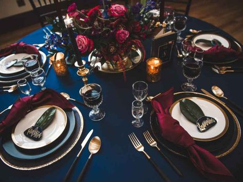 Navy Blue Moody Wedding, Navy And Burgundy Moody Wedding, Moody Navy Wedding, Dark Jewel Tone Wedding Table Settings, Jewel Tone Wedding Tablescape, Jewel Tone Table Decor, Moody Jewel Tone Wedding Invitations, Moody Blue Wedding Color Schemes, Jewel Tone Wedding Table Decor