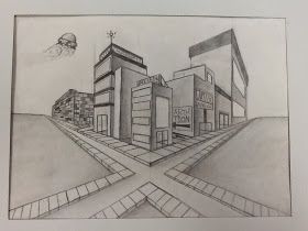 Students created these imaginary cities using only rulers, and pencils.  I showed them how to construct buildings in two point perspective. ... Two Point Perspective City, 2 Point Perspective City, Linear Perspective Drawing, 2 Point Perspective Drawing, Two Point Perspective, Perspective Lessons, Less Talk, 1 Point Perspective, 7th Grade Art