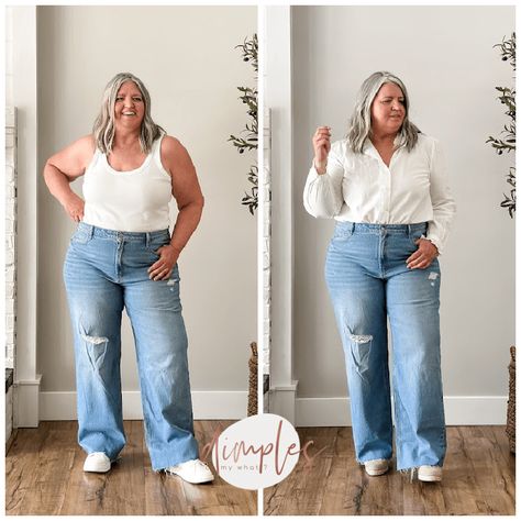 Wide-leg jeans can be flattering for plus-size women and I've found four pairs that are well worth a try-on and I'm sharing three styling tips for how to make them work for curvy figures. Plus Size Petite Jeans, Curvy Wide Leg Jeans, Wide Leg Plus Size Jeans, Wide Leg Jeans Curvy Outfit, Plus Wide Leg Jeans Outfit, Wide Hips Fashion, How To Style Wide Leg Jeans Plus Size, Wide Leg Plus Size Outfit, Plus Size Jeans Outfit Casual