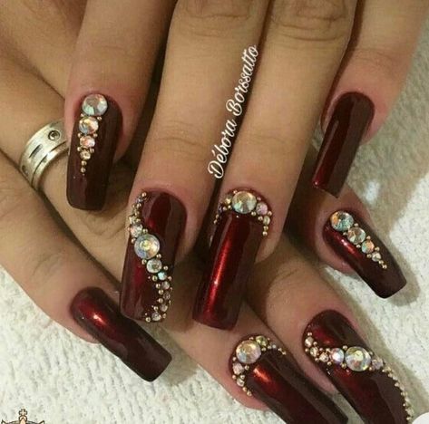 Burgundy Bling Nails, Burgundy Nails With Rhinestones, Diamond Nail Designs Rhinestones, Red Nails With Rhinestones, Bridal Nail Designs, Valentines Nail Designs, Spring Nail Inspiration, Elegant Bridal Nails, Summer Nails Coffin