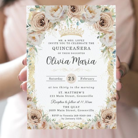 Champagne Beige Cream Floral Vintage Quinceañera  Invitation - tap to personalize and get yours #Invitation #quincea&241;era #mis #quince #15 #invitation, Gold Princess Crown, Quince Invitations, Champagne Flowers, Quince Decorations, Quinceanera Invitation, 16th Birthday Invitations, Sixteenth Birthday, Quince Ideas, 16 Birthday