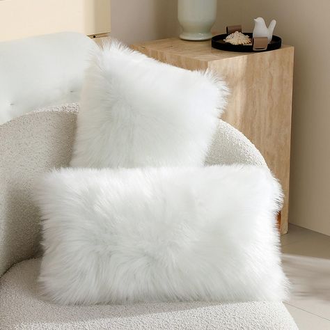 PRICES MAY VARY. 70% Polyester and 30% Acrylic 【Soft and fluffy】 Faux Sheepskin pillow case: the material is high density and super soft faux fur, and the back is crystal super soft fabric 【Multi-Application】 It Can Be Used for Decorative Pillows of Bed Head, Sofa, Chair, Balcony and Car in Bedroom. Make Your Space More Beautiful. 【Environment Friendly Nontoxic】The Material is Made of Environment-Friendly and Non-Toxic Polyester and Acrylic Fiber. Whether The Elderly, Children or Pets Can Experi Sheepskin Pillow, White Fur Pillow, Living Room Sofa Bed, Teen Room Makeover, Chair Balcony, Fur Chair, Beautiful Environment, Luxury Sofa Living Room, Fluffy Cushions